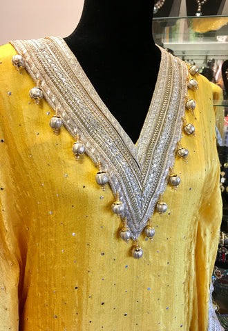 RFSS2006 -Pure Chinnon Georgette Mukesh Work Kaftan In Yellow With Staright Pants