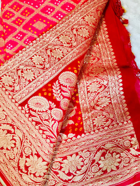 BKS 017 -  Authentic Hand Bandhej Banarasi Khaddi Silk Georgette Saree with jaal weave. Comes with unstitched Blouse.