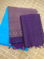 KSS334 Pure Kanjivaram Soft Silk Saree In Blue w/ Purple Border. Fall Peco done. Stitched blouse size: 38 - 46. SILK MARK CERTIFIED
