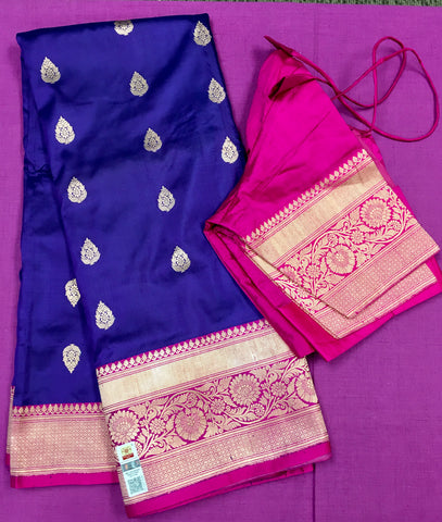 KKT120 PURE BANARASI HANDLOOM KATAN SILK SAREE IN BLUE WITH PINK  ZARI BORDER AND PALLU