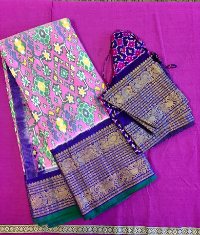 PURE HANDLOOM SILK IKKAT KANCHIPURAM SAREE IN PASTEL PINK WITH BLUE KANCHIPURAM BORDER