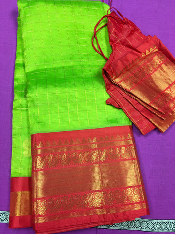 SKH108 PURE KANCHIPURAM HANDLOOM SICO KORVAI SILK COTTON SAREE IN GREEN WITH RED BORDER