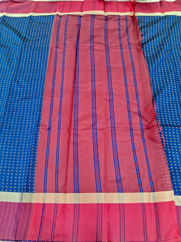 KSS317 Semi Silk Arani Pattu Saree w/ Stitched Blouse In Navy Blue. Fall Peco done. Comes w/ stitched blouse size: 38 to 46.