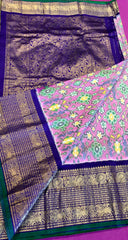 SKH135 PURE HANDLOOM SILK IKKAT KANCHIPURAM SAREE IN PASTEL PINK WITH BLUE KANCHIPURAM BORDER