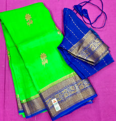 KKT112 PURE BANARASI HANDLOOM KORA SILK SAREE IN PARROT GREEN WITH BLUE  ZARI BORDER AND PALLU