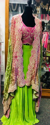 RFSS2003 -Pure Crepe Neon Green Pleated Skirt With Pink Heavy Embroidered Blouse With Bandhej Jacket