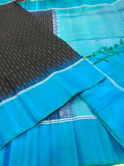 KSS327 Pure Kanjivaram Soft Silk Saree In Black w/ Cobalt Blue Border. Fall Peco done. Stitched blouse size: 38 - 46. SILK MARK CERTIFIED