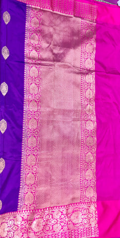 PURE BANARASI HANDLOOM KATAN SILK SAREE IN PURPLE WITH RED RANI PINK BORDER AND PALLU