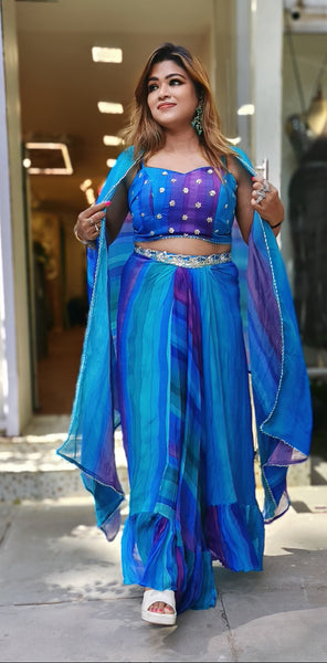 RFSS1603 - Beautiful blue stylish indo-western crop top embroidered shrug.