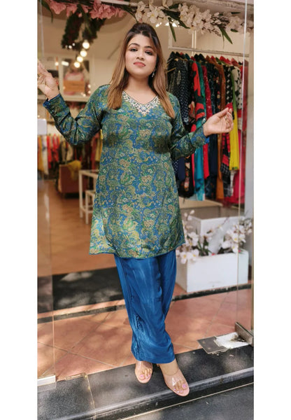 RFSS1736 - Pure Crepe printed kurta pant set with heavy Cut-dana work on neck. Comes with Palazzo pant