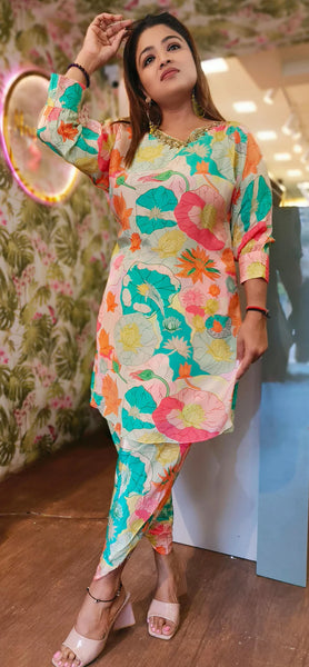 RFSS1729 - Pure Crepe co-ord set. Comes with multicolor floral print Kurta and Tulip pants