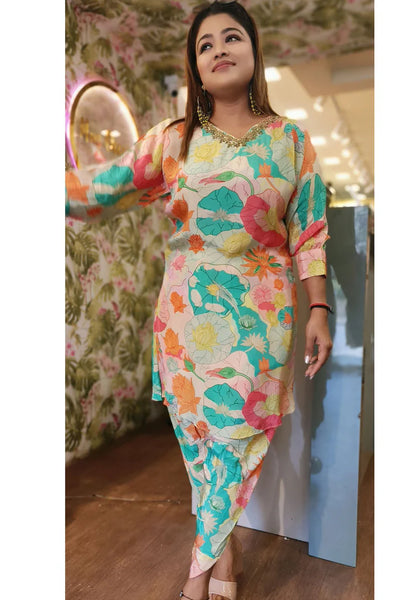 RFSS1729 - Pure Crepe co-ord set. Comes with multicolor floral print Kurta and Tulip pants