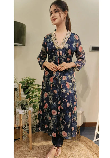 RFSS1732 - Pure Chinnon Digital Print Embroidered V-Neck  pleated kurta with Pants.