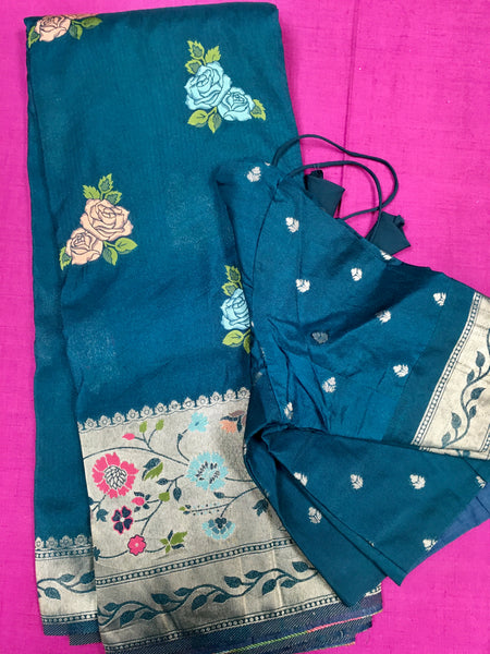 SKH121 BANARASI SEMI-GEORGETTE SAREE IN BLUE WITH FLORAL MOTIFS AND PALLU