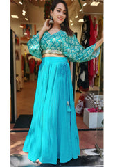 RFSS1701 - Chinnon crop top in Teal Blue With Pleated cancan skirt