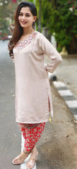 RFSS1703 - Pure Crepe Kurta in Beige with Real Mirror work. Comes with Orange Printed Tulip pants