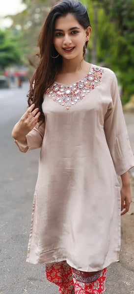 RFSS1703 - Pure Crepe Kurta in Beige with Real Mirror work. Comes with Orange Printed Tulip pants