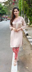 RFSS1703 - Pure Crepe Kurta in Beige with Real Mirror work. Comes with Orange Printed Tulip pants