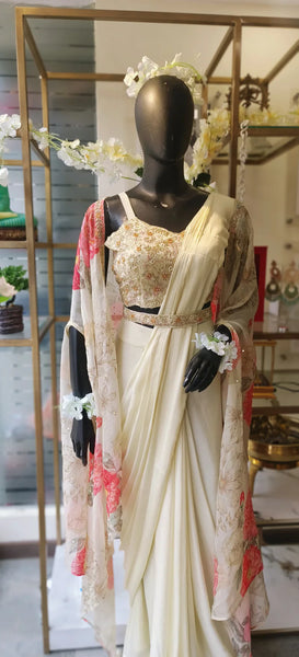 RFSS1707 - Stylish Partywear Readymade drape saree in Chinnon fabric. Comes with heavy embroidered blouse, belt, and digital print Organza jacket.