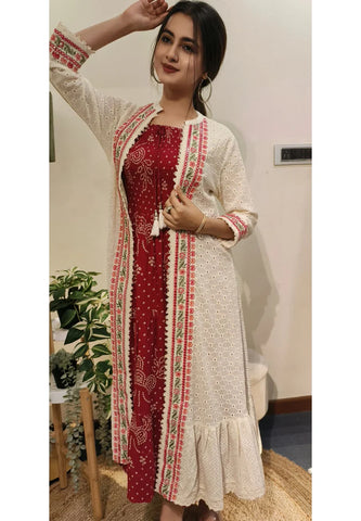 RFSS1752 - Cotton Bandhej printed sleeveless Gown with Hakoba embroidered jacket