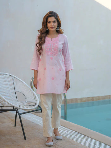 RFSS1766 - Chickenkari kurta (thigh length) in Soft Rayon fabric.