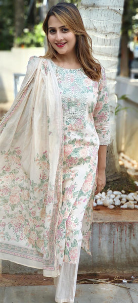 RFSS1803 - Embroidered Cotton Neck Floral Print Full Suit Set With Dupatta