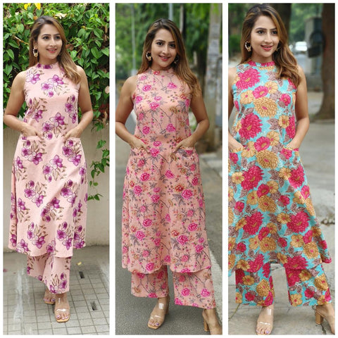 RFSS1811 - Floral Printed Summer Cotton Sleeveless Kurta With Pant(pink floral)