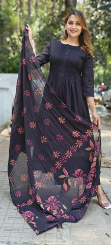 RFSS1812 - Pintuck Black Cotton Full Suit With Chiffon Loral Dupatta