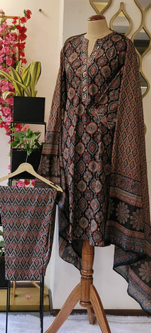 RFSS1814 - Embroidered Cotton Neck Ajrakh Print Full Suit Set With Dupatta