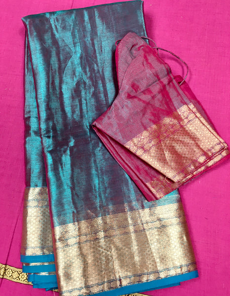 KSS356 HANDLOOM SILK TISSUE SAREE IN PEACOCK BLUE DUAL TONE WITH GOLD ZARI BORDER