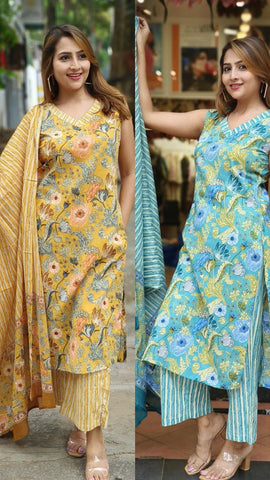 RFSS1821 - Cotton Floral Printed Sleeveless Full Set With Dupatta (Blue)