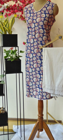 RFSS1831 - Floral Kalamkari Printed Summer Cotton Sleeveless Kurta With Pant