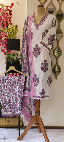 RFSS1838 - Summer Floral Block Printed Cotton Full Set With Dupatta