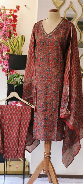 RFSS1843 - Embroidered Cotton Neck Kalamkari Print Full Suit Set With Dupatta