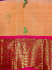 SKH143 KANCHIPURAM HANDLOOM PURE SILK SAREE IN PASTEL ORANGE WITH PINK ZARI BORDER AND PALLU