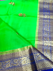 KKT112 PURE BANARASI HANDLOOM KORA SILK SAREE IN PARROT GREEN WITH BLUE  ZARI BORDER AND PALLU