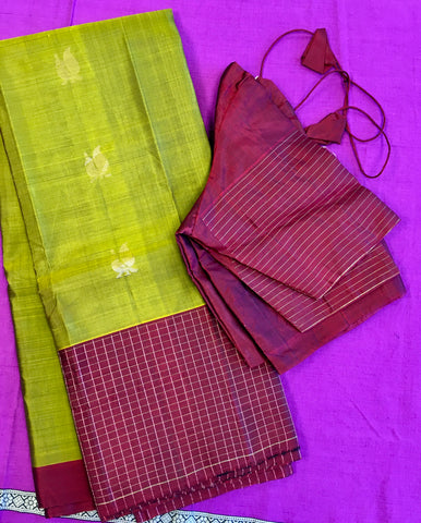 KANCHIPURAM HANDLOOM PURE SILK SAREE IN GREEN WITH BROWN ZARI BORDER AND PALLU