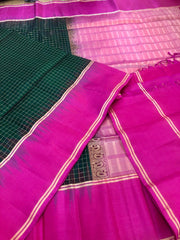 KSS335 Pure Kanjivaram Checkered Soft Silk Saree. Green w/ Dark Pink Border. Fall Peco. Stitched blouse size: 38 - 46. SILK MARK CERTIFIED