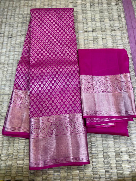 KSS306 Equisite Kanjivaram Pure Silk Brocade Saree In Pink. Fall Peco done. Comes with stitched blouse size: 38 to 46. SILK MARK CERTIFIED