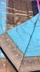 PURE BANARASI HANDLOOM KATAN SILK SAREE IN TURQUOISE WITH BOTTLE GREEN ZARI BORDER AND PALLU