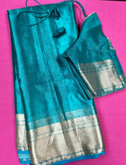 KSS354 HANDLOOM SILK TISSUE SAREE IN BLUE DUAL TONE WITH GOLD ZARI BORDER