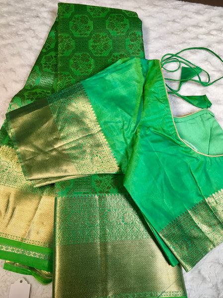 KSS304 Equisite Kanjivaram Pure Silk Brocade Saree In Light Green. Fall Peco done. Stitched blouse size: 38 - 46. SILK MARK CERTIFIED