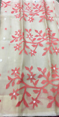 KKT133 PURE MATKA SILK JAMDANI SAREE IN BEIGE WITH ORANGE THREAD WORK