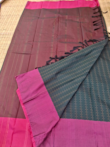 KSS321 Semi Silk Arani Pattu Saree w/ Stitched Blouse In Bottle Green w/ Pink Border. Fall Peco done. Stitched blouse size: 38 to 46.