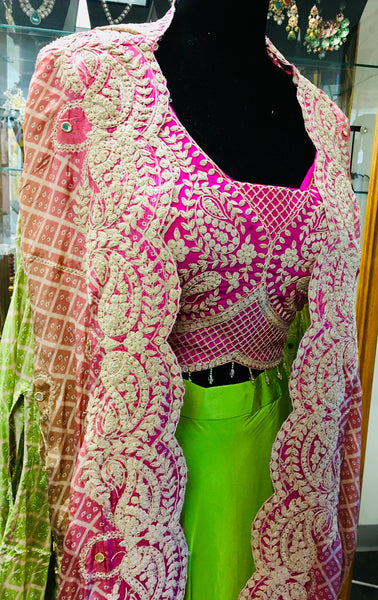 RFSS2003 -Pure Crepe Neon Green Pleated Skirt With Pink Heavy Embroidered Blouse With Bandhej Jacket