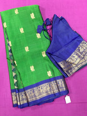 SKH141 PURE GADWAL HANDLOOM SILK SAREE IN GREEN  WITH BLUE ZARI BORDER AND PALLU