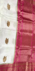 KKT109 PURE BANARASI HANDLOOM KORA SILK SAREE IN WHITE WITH PINK ZARI BORDER AND PALLU