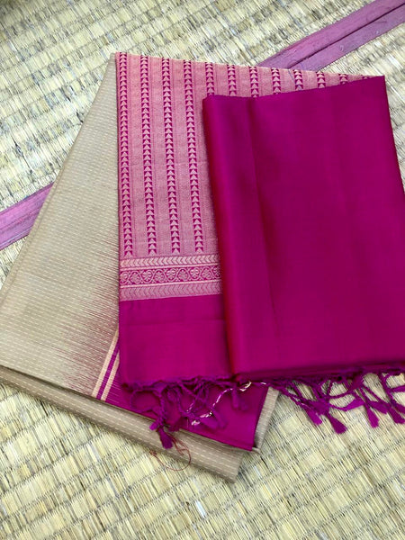 KSS329 Pure Kanjivaram Soft Silk Saree In Beige w/ Dark Pink Border. Fall Peco done. Stitched blouse size: 38 - 46. SILK MARK CERTIFIED