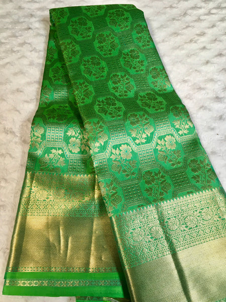 KSS304 Equisite Kanjivaram Pure Silk Brocade Saree In Light Green. Fall Peco done. Stitched blouse size: 38 - 46. SILK MARK CERTIFIED