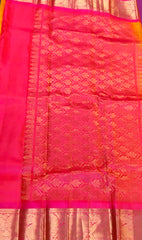 KANCHIPURAM HANDLOOM PURE SILK SAREE IN YELLOW WITH PINK ZARI BORDER AND PALLU